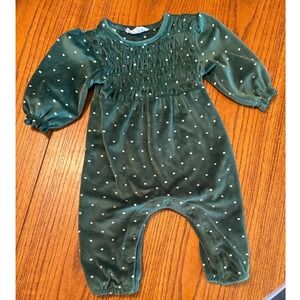 Jessica Simpson Baby Girls Green Polka Dot Velour Romper 3-6M Long Sleeve